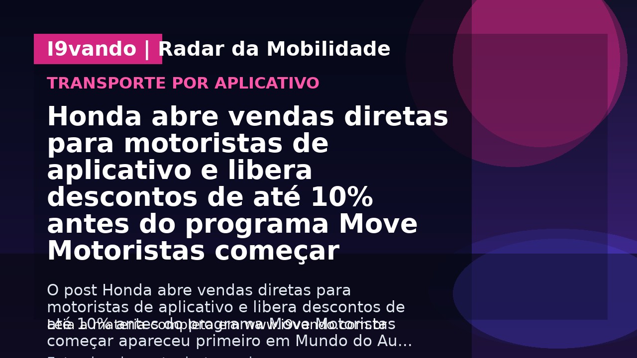 Honda abre vendas diretas para motoristas de aplicativo e libera descontos de até 10% antes do programa Move Motoristas começar