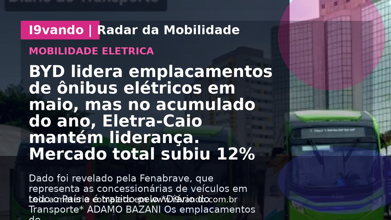 BYD lidera emplacamentos de ônibus elétricos em maio, mas no acumulado do ano, Eletra-Caio mantém liderança. Mercado total subiu 12%