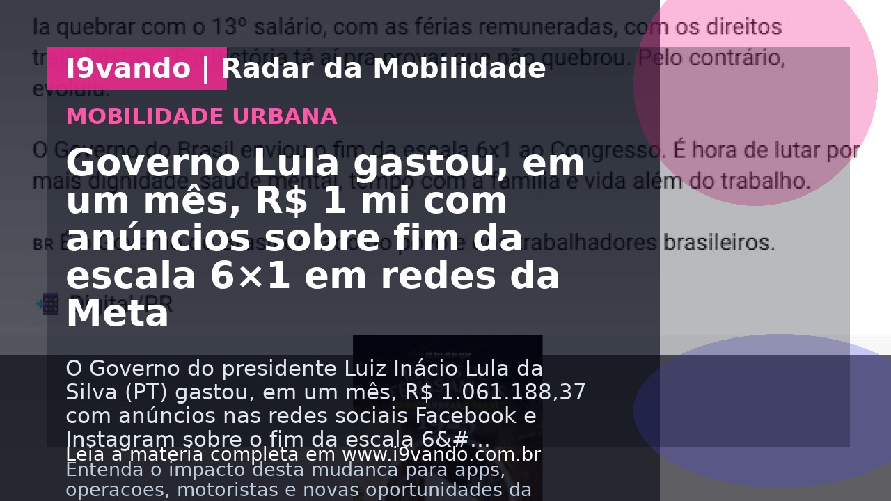 Governo Lula gastou, em um mês, R$ 1 mi com anúncios sobre fim da escala 6×1 em redes da Meta