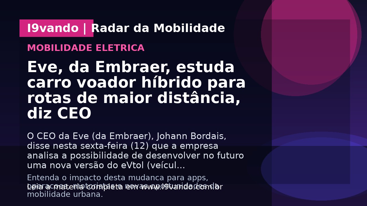 Eve, da Embraer, estuda carro voador híbrido para rotas de maior distância, diz CEO
