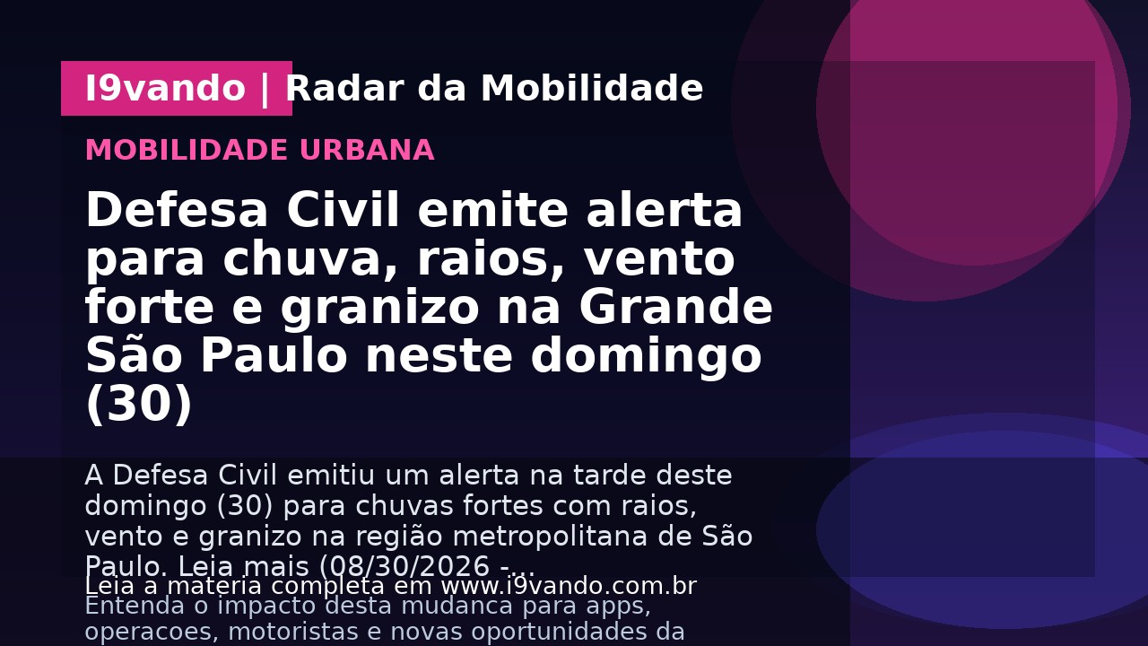 Defesa Civil emite alerta para chuva, raios, vento forte e granizo na Grande São Paulo neste domingo (30)